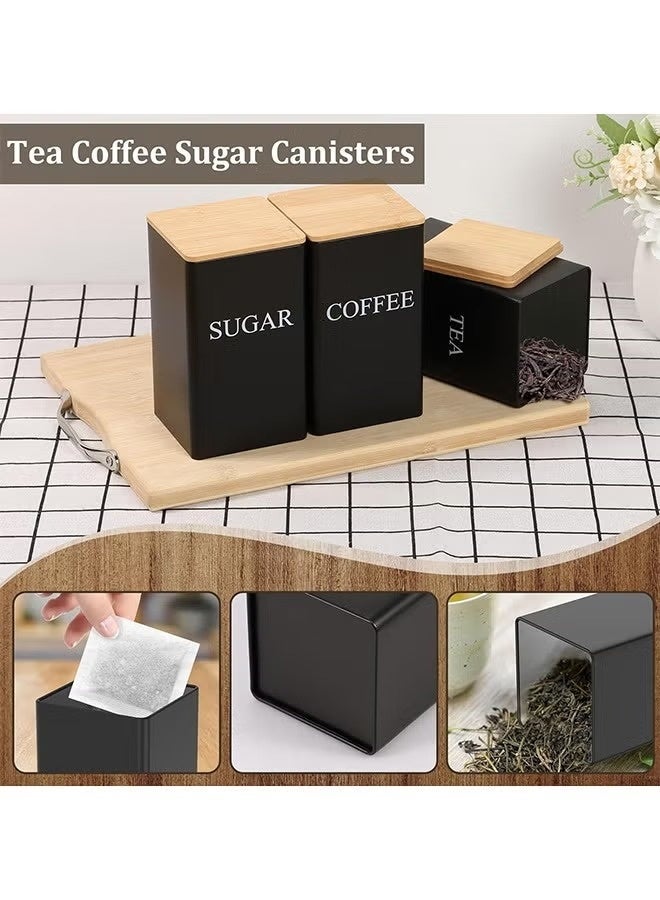 3-Piece Airtight Storage Jar Set, Square Coffee, Tea & Sugar Canisters with Built-in Sealing Rings and Bamboo Lids, Kitchen Storage Containers, Black (9.5×9.5×15cm) - Image 3