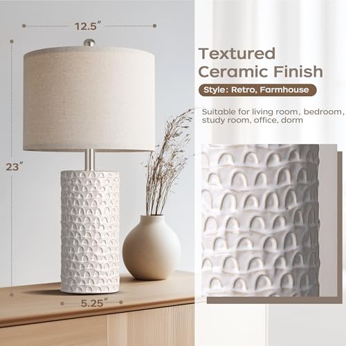 PARTPHONER 23" Modern Ceramic Table Lamp Set of 2, Table Lamps for Living Room, Rustic Farmhouse Bedside Lamps Nightstand lamp for Bedroom, White Desk Lamp for End Table Home Decor Beige - Image 3