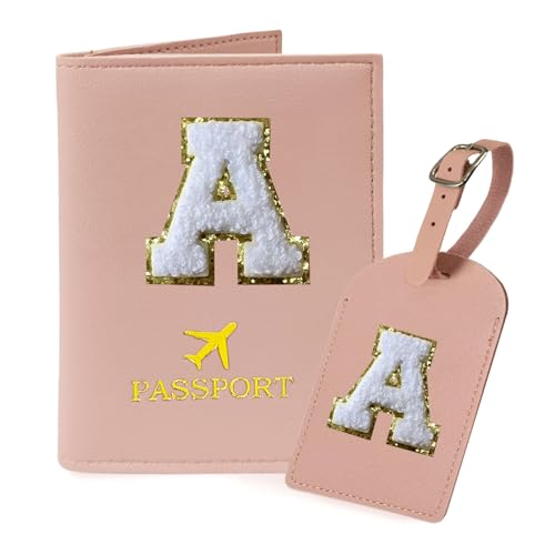 COSHAYSOO Pink Passport Cover Book Holder Travel Luggage Tag Set for Women Teen Girls with Initial Monogram Letter, Cute Airplane Essentials Personalized Cruise Accessories Trip Favor Gifts A - Image 1