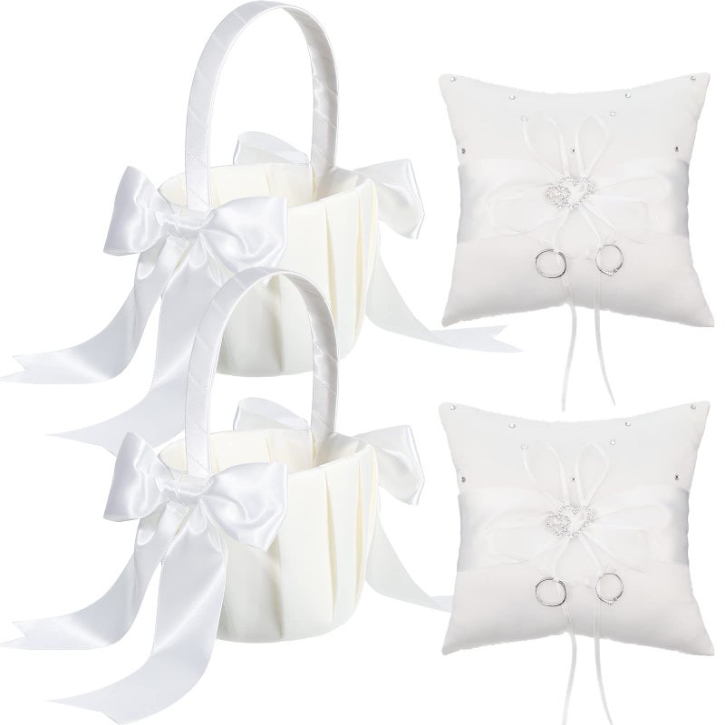 Treela White Flower Girl Basket and Ring Bearer Pillow Set Rhinestones Satin Wedding Ring Pillow Wedding Flower Baskets for Wedding Gift Anniversary Celebrations Party Decoration 