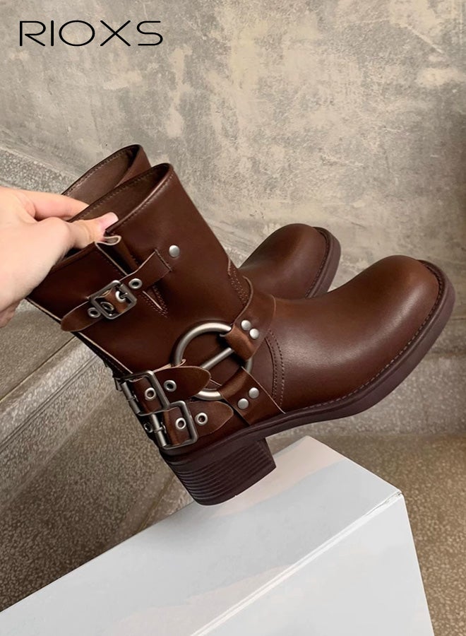 RIOXS Women's Mid Calf Boots, Chunky Heel Moto Boots, Fashion Buckle Square Toe Boots, Ladies Wide Calf Biker Boots, Soild Brown Motorcycle Booties, Comfortable Boots for Dates/ Countryside Outings/ Parties - Image 1