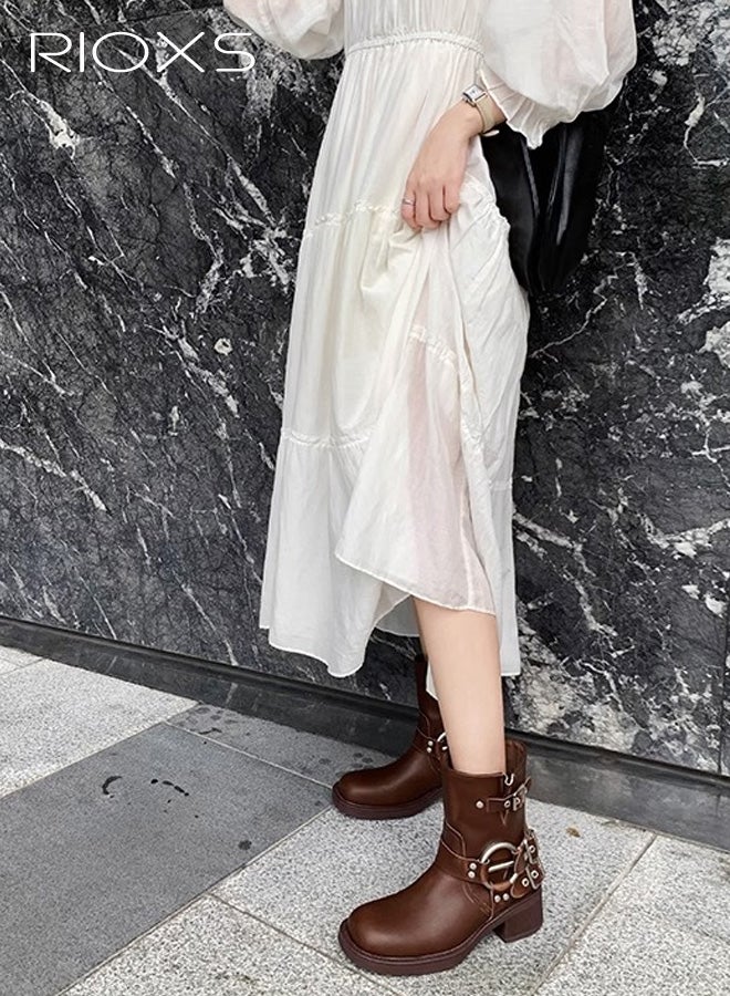 ريوكس أحذية نسائية طويلة حتى منتصف الساق، أحذية دراجات نارية بكعب سميك، أحذية عصرية بإبزيم ومقدمة مربعة، أحذية راكبي دراجات نارية عريضة الساق، أحذية دراجات نارية بنية داكنة، أحذية مريحة للمواعيد/النزهات الريفية/الحفلات - Image 4