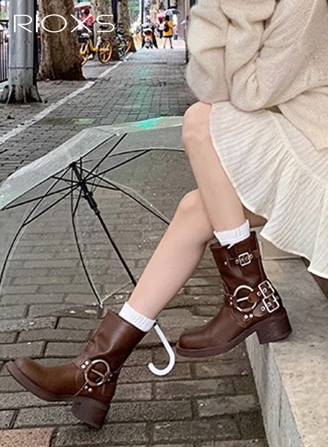 RIOXS Women's Mid Calf Boots, Chunky Heel Moto Boots, Fashion Buckle Square Toe Boots, Ladies Wide Calf Biker Boots, Soild Brown Motorcycle Booties, Comfortable Boots for Dates/ Countryside Outings/ Parties - Image 2