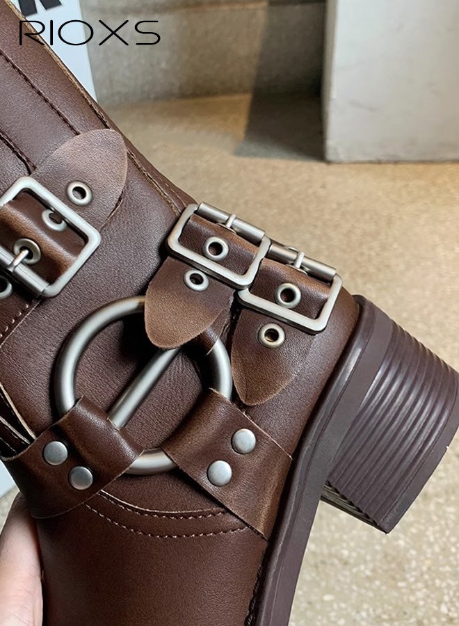 ريوكس أحذية نسائية طويلة حتى منتصف الساق، أحذية دراجات نارية بكعب سميك، أحذية عصرية بإبزيم ومقدمة مربعة، أحذية راكبي دراجات نارية عريضة الساق، أحذية دراجات نارية بنية داكنة، أحذية مريحة للمواعيد/النزهات الريفية/الحفلات - Image 5