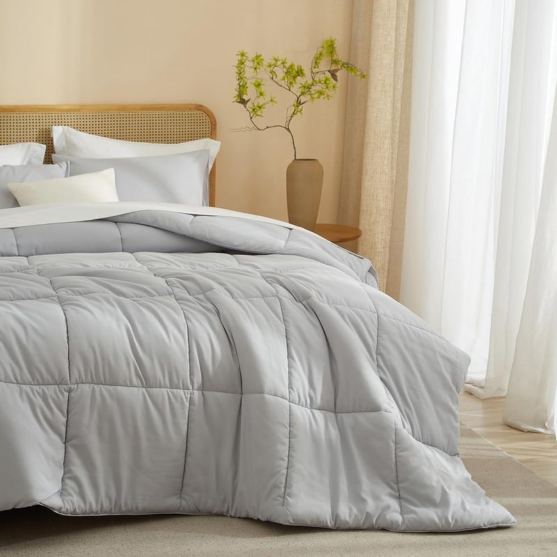 AMWAN Quilted Comforter Set Light Grey 3 PCS King Size (1 Comforter and 2 Pillowcases), Solid Brushed Bedding Comforter Set, Box Stitched King Microfiber Bedding Sets, Soft Thick Comforter Sets - Image 5