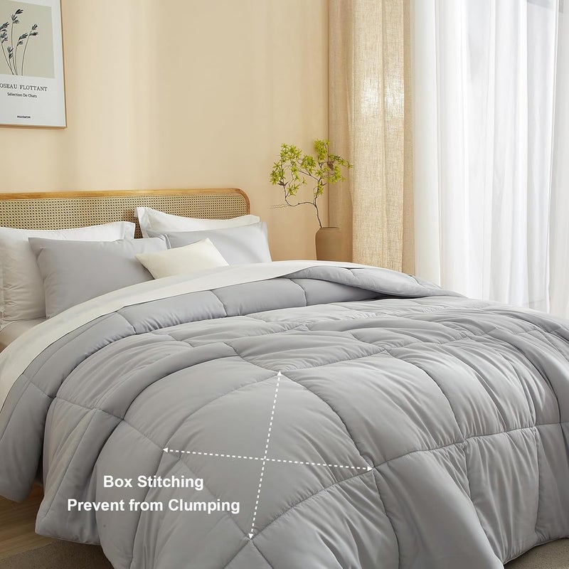 AMWAN Quilted Comforter Set Light Grey 3 PCS King Size (1 Comforter and 2 Pillowcases), Solid Brushed Bedding Comforter Set, Box Stitched King Microfiber Bedding Sets, Soft Thick Comforter Sets - Image 3