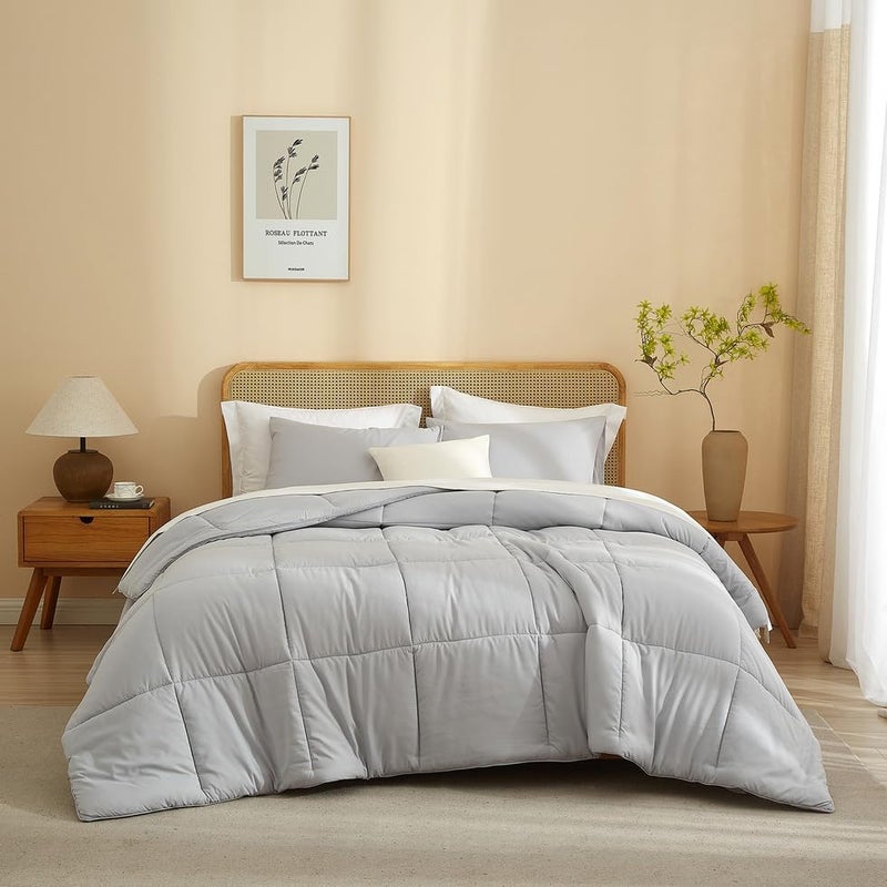 AMWAN Quilted Comforter Set Light Grey 3 PCS King Size (1 Comforter and 2 Pillowcases), Solid Brushed Bedding Comforter Set, Box Stitched King Microfiber Bedding Sets, Soft Thick Comforter Sets - Image 1