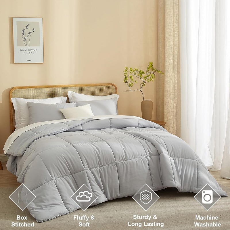 AMWAN Quilted Comforter Set Light Grey 3 PCS King Size (1 Comforter and 2 Pillowcases), Solid Brushed Bedding Comforter Set, Box Stitched King Microfiber Bedding Sets, Soft Thick Comforter Sets - Image 2