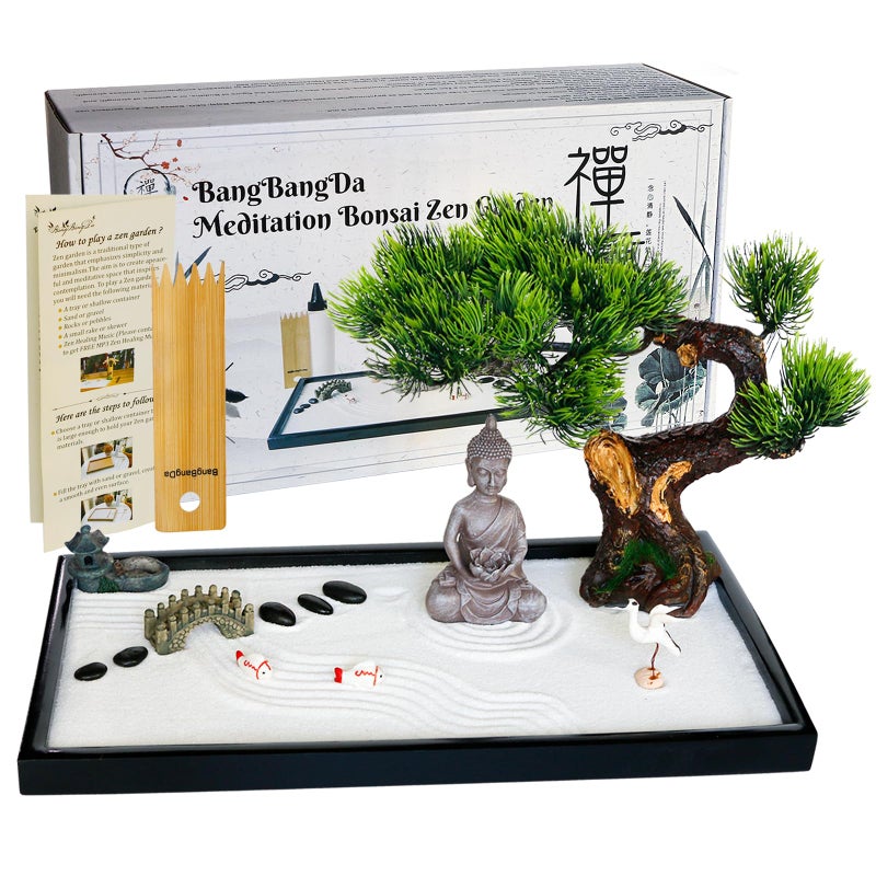 Japanese Zen Garden Kit for Desk  Meditation Rock Sand Garden for Birthday Gift Office Home Desktop Relaxation Decor Bamboo Rakes Bonsai Tree Pagoda Accessories Tools Kits