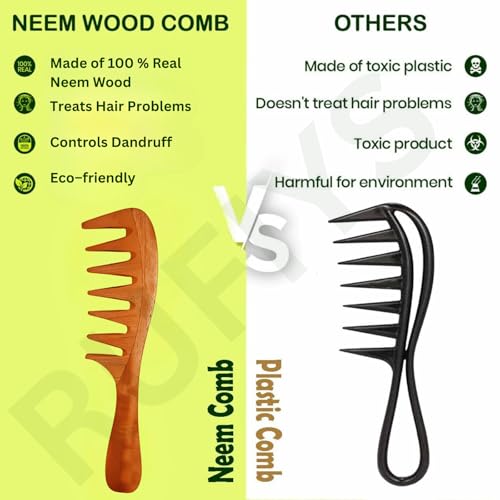 Rufiys Neem Wooden Comb for Hair | Wide Tooth Comb for Curly, Thick & Long Hair | Anti Dandruff & Hair Fall Control | Oil-Free Natural Detangling Comb for Women & Men - Image 3