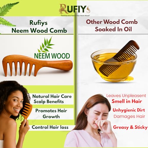 Rufiys Neem Wooden Comb for Hair | Wide Tooth Comb for Curly, Thick & Long Hair | Anti Dandruff & Hair Fall Control | Oil-Free Natural Detangling Comb for Women & Men - Image 4