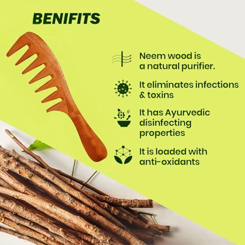 Rufiys Neem Wooden Comb for Hair | Wide Tooth Comb for Curly, Thick & Long Hair | Anti Dandruff & Hair Fall Control | Oil-Free Natural Detangling Comb for Women & Men - Image 2