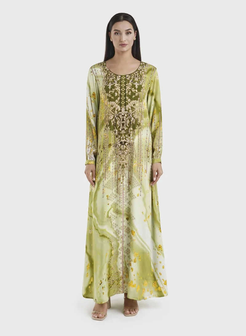 كشخة جلابية فيسكوز بطبعة لؤلؤ رقمية خضراء