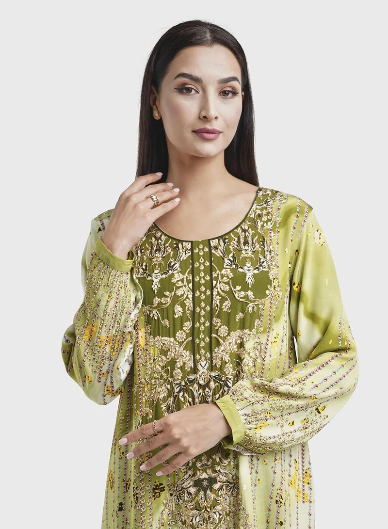 كشخة جلابية فيسكوز بطبعة لؤلؤ رقمية خضراء