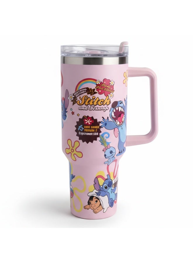 كوب حراري سعة 1200 مل بمقبض - كوب من الفولاذ المقاوم للصدأ معزول بجدار مزدوج بتقنية التفريغ الهوائي وغطاء، بتصميم مطبوع عليه شخصية ستيتش الكرتونية، كوب هدية لطيف وعملي للأطفال والفتيات والمراهقين والاستخدام اليومي - Image 3