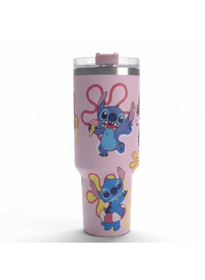 كوب حراري سعة 1200 مل بمقبض - كوب من الفولاذ المقاوم للصدأ معزول بجدار مزدوج بتقنية التفريغ الهوائي وغطاء، بتصميم مطبوع عليه شخصية ستيتش الكرتونية، كوب هدية لطيف وعملي للأطفال والفتيات والمراهقين والاستخدام اليومي - Image 2