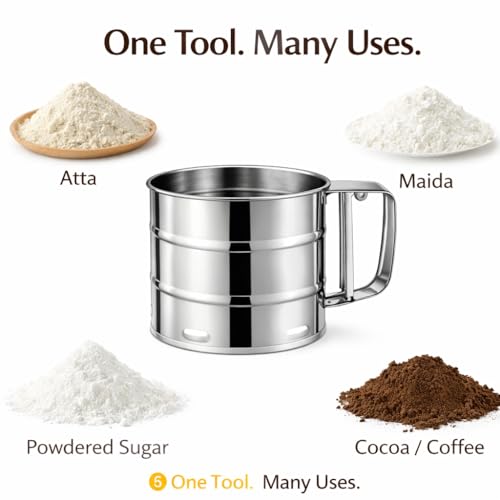 CAVERNSHOP Stainless Steel Flour Sifter for Baking & Atta Channi | Hand Press Flour Strainer | Fine Mesh Sieve | Rust-Proof Kitchen Atta Chalni | Large Capacity Baking Tool - Image 5