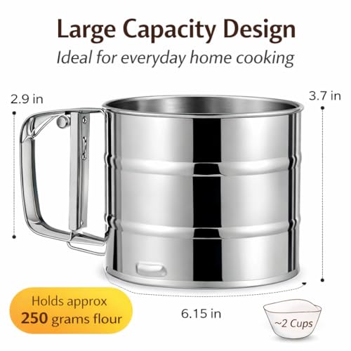 CAVERNSHOP Stainless Steel Flour Sifter for Baking & Atta Channi | Hand Press Flour Strainer | Fine Mesh Sieve | Rust-Proof Kitchen Atta Chalni | Large Capacity Baking Tool - Image 2