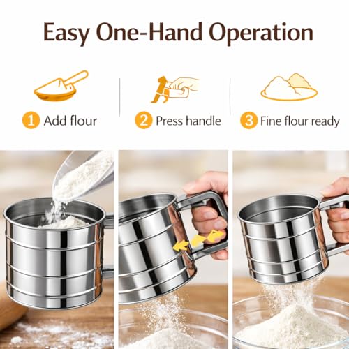 CAVERNSHOP Stainless Steel Flour Sifter for Baking & Atta Channi | Hand Press Flour Strainer | Fine Mesh Sieve | Rust-Proof Kitchen Atta Chalni | Large Capacity Baking Tool - Image 3