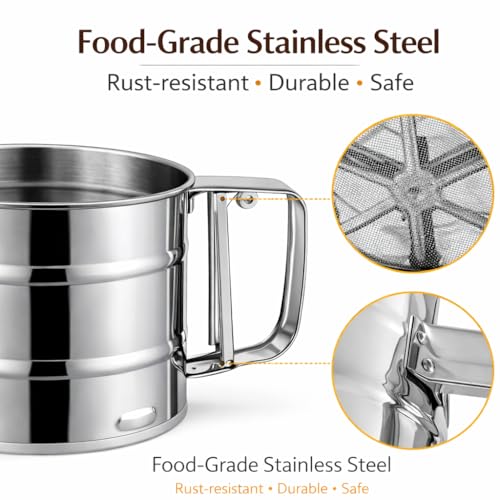 CAVERNSHOP Stainless Steel Flour Sifter for Baking & Atta Channi | Hand Press Flour Strainer | Fine Mesh Sieve | Rust-Proof Kitchen Atta Chalni | Large Capacity Baking Tool - Image 4