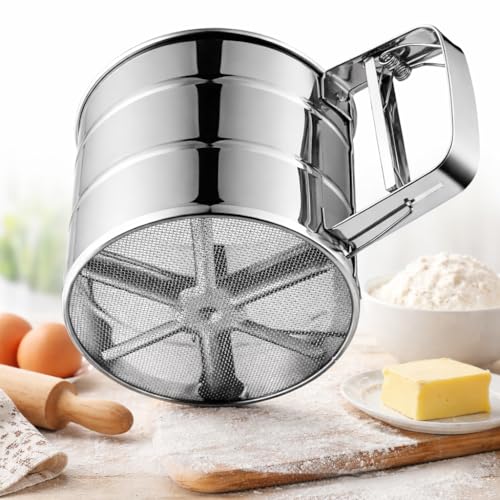 CAVERNSHOP Stainless Steel Flour Sifter for Baking & Atta Channi | Hand Press Flour Strainer | Fine Mesh Sieve | Rust-Proof Kitchen Atta Chalni | Large Capacity Baking Tool - Image 1