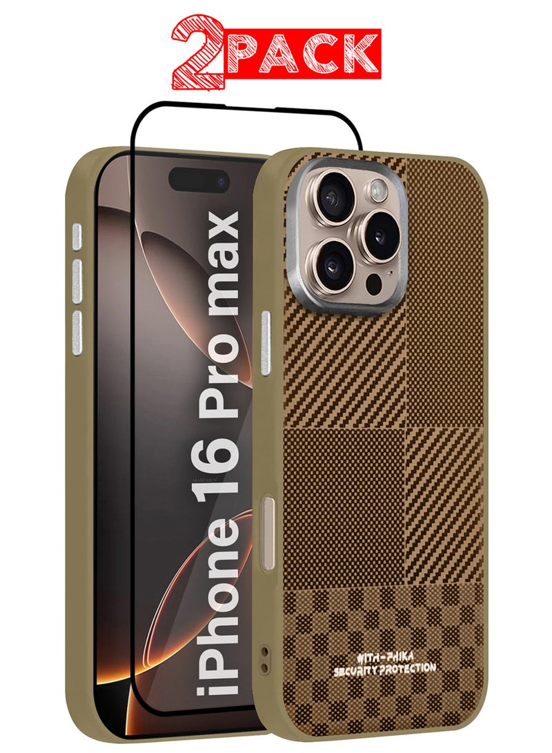 CATANES iPhone 16 Pro Max 2Packs Case Cover Carbon Fiber Pattern Phone Case Slim Shockproof Back Cover with 3D Screen Protector - Grid Pattern - Image 1