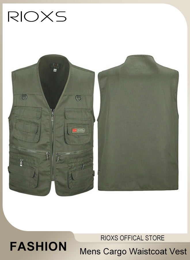 RIOXS Men's Vest, Casual Cargo Waistcoat Vest, Sleeveless Jacket With Multi-Pocket, Waterproof Quick Dry Outdoor Vest, Hunting Fishing Vest, Mens Travel Waistcoat Gift For Husband/ Father/ Boyfriend-Green Sleeveless Tops  - Image 2