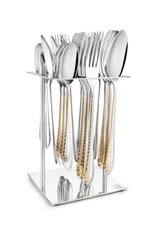 FnS Tivoli 24 Pcs Gold Plated Cutlery Set with Hanging Stand (6 Dinner Spoon, 6 Dinner Fork, 6 Teaspoon, 6 Baby Spoon & 1 Stand) - Image 1
