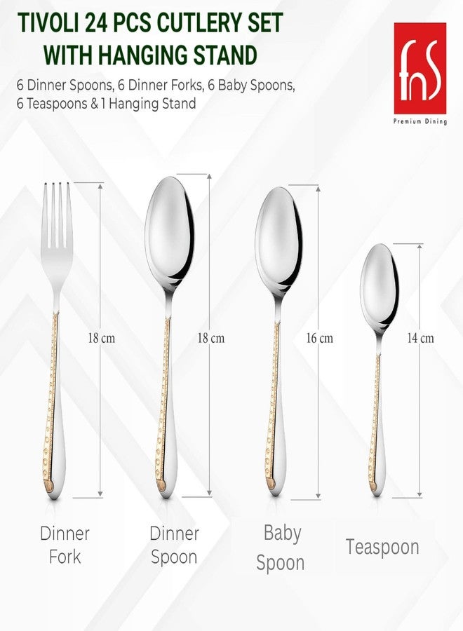 FnS Tivoli 24 Pcs Gold Plated Cutlery Set with Hanging Stand (6 Dinner Spoon, 6 Dinner Fork, 6 Teaspoon, 6 Baby Spoon & 1 Stand) - Image 2