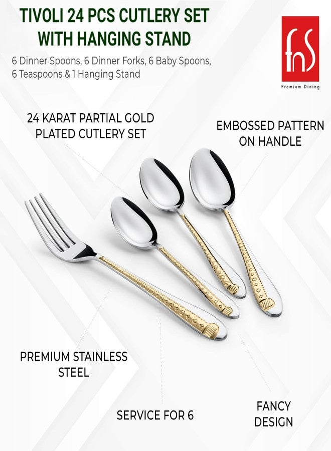 FnS Tivoli 24 Pcs Gold Plated Cutlery Set with Hanging Stand (6 Dinner Spoon, 6 Dinner Fork, 6 Teaspoon, 6 Baby Spoon & 1 Stand) - Image 4