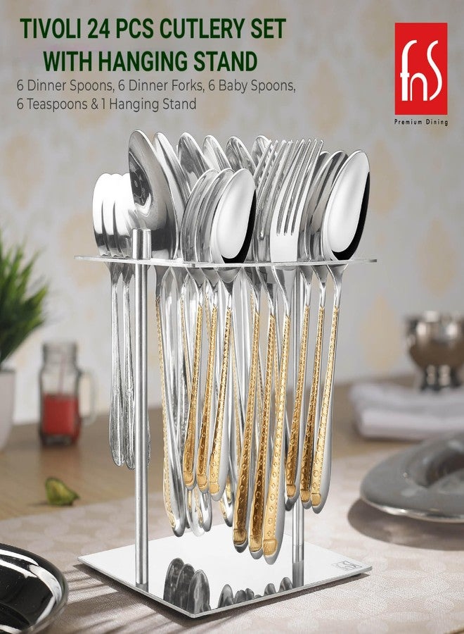 FnS Tivoli 24 Pcs Gold Plated Cutlery Set with Hanging Stand (6 Dinner Spoon, 6 Dinner Fork, 6 Teaspoon, 6 Baby Spoon & 1 Stand) - Image 5