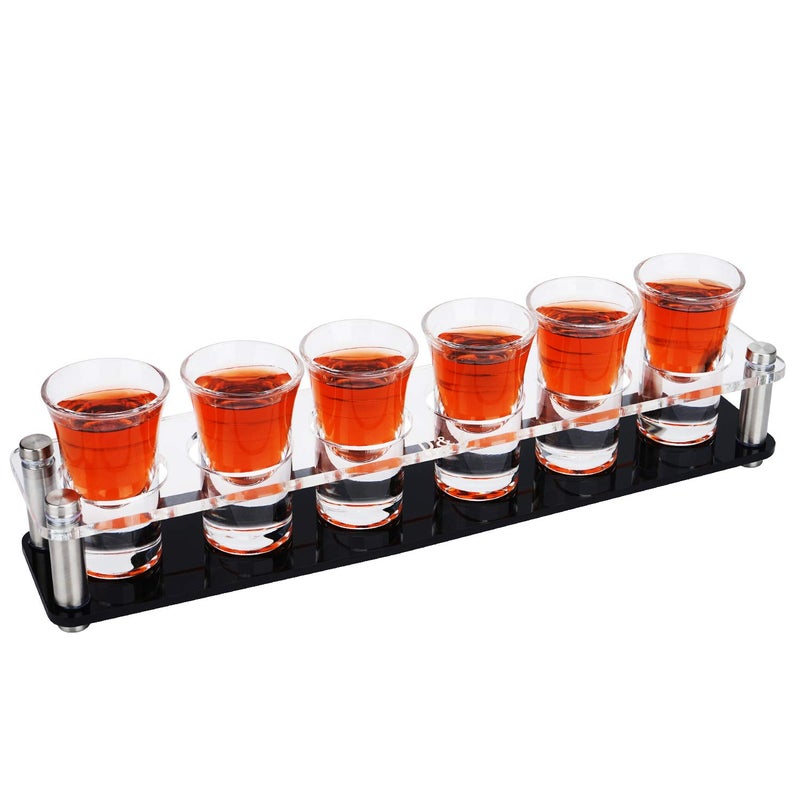 DZ D&Z Shot Glass Holder with 6 Heavy-Base 1 oz (30 ml) Shooter Glasses, Assembled Acrylic Server for Restaurant, Bar, Family Gathering, Tasting Glass for Tequila, Vodka, Whiskey, Beer, Wine, Soju - Image 1