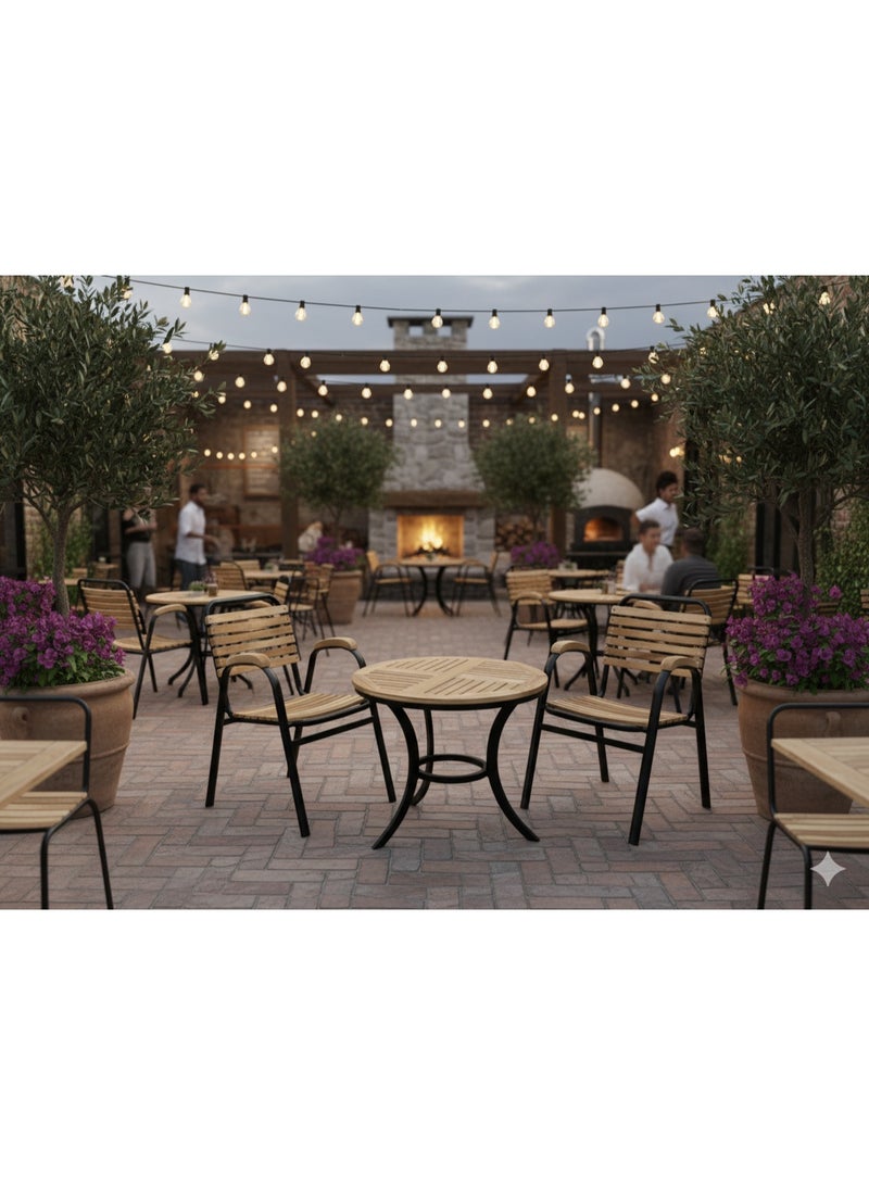 Outdoor Chair and Table Set for Garden, Balcony, Restaurant and Coffee Shop, 2 Chairs and 1 Table, Steel Frame with Wooden Top, Black Frame Color, Durable and Stylish - Image 2