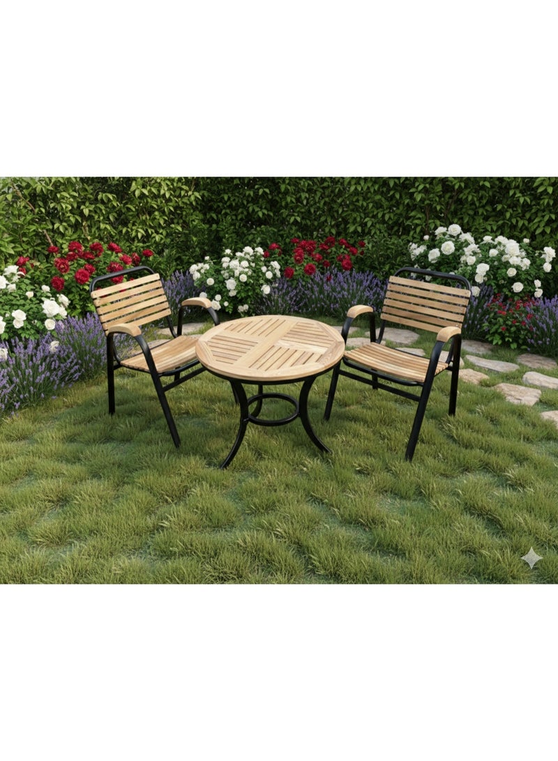 Outdoor Chair and Table Set for Garden, Balcony, Restaurant and Coffee Shop, 2 Chairs and 1 Table, Steel Frame with Wooden Top, Black Frame Color, Durable and Stylish - Image 4