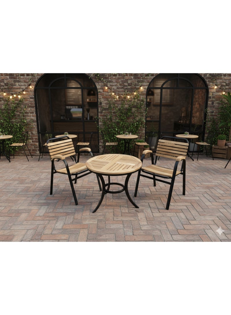 Outdoor Chair and Table Set for Garden, Balcony, Restaurant and Coffee Shop, 2 Chairs and 1 Table, Steel Frame with Wooden Top, Black Frame Color, Durable and Stylish - Image 3