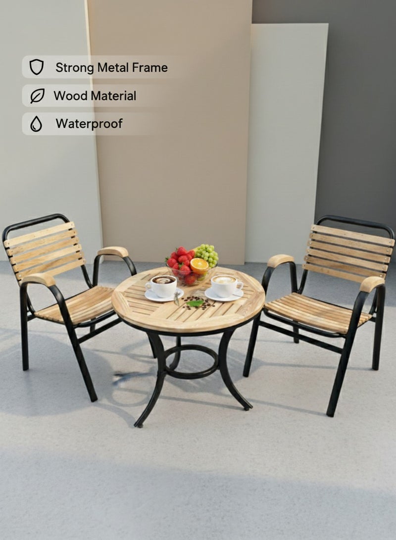 Outdoor Chair and Table Set for Garden, Balcony, Restaurant and Coffee Shop, 2 Chairs and 1 Table, Steel Frame with Wooden Top, Black Frame Color, Durable and Stylish - Image 1