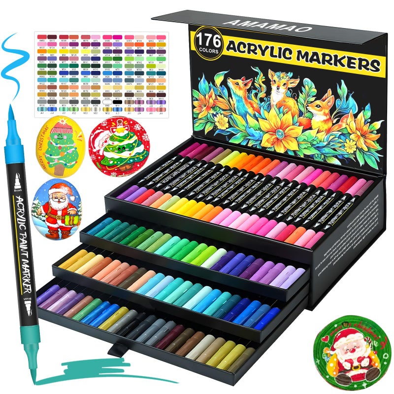 Amamao 176 Colors Acrylic Paint Markers Pens Set,88 Pack Brush Acrylic Paint Markers for Rock Painting Fabric Plastic Wood Canvas Stone Glass Paper DIY Craft Supplies - Image 1