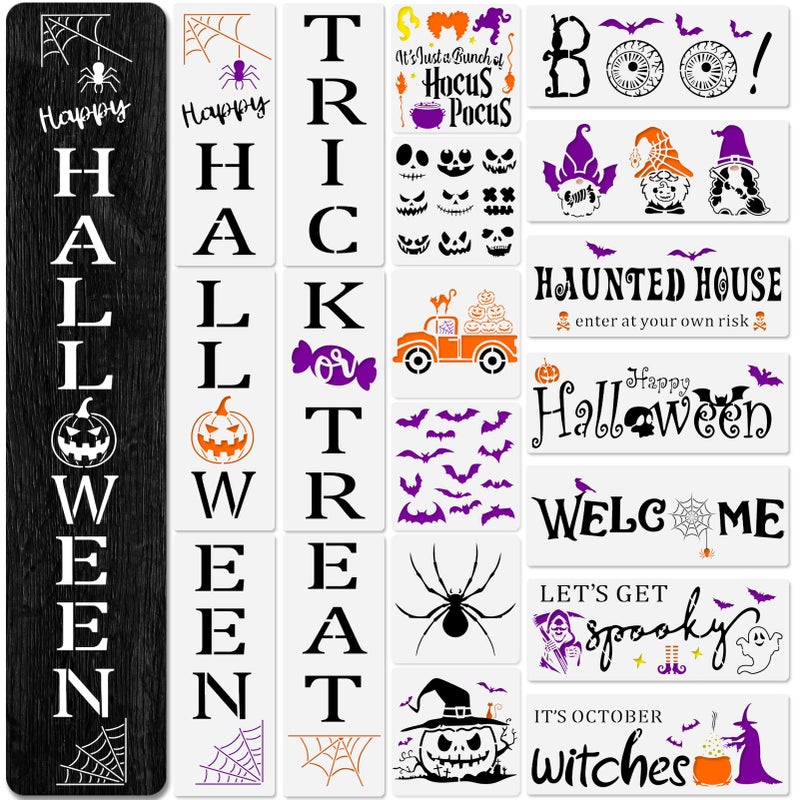 19Pc Happy Halloween Stencils for Painting on Wood  Reusable Trick or Treat Porch Signs Including BooWitchesGnomePumpkin Stencils for DIY Crafts