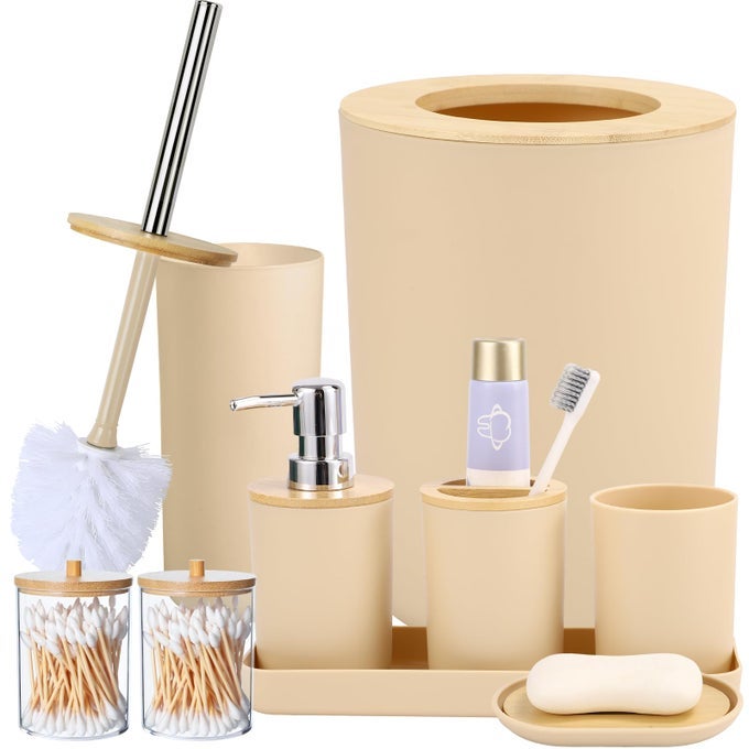 BATHROOM ACCESSORIES BEIGE BATHROOM ACCESSORIES SETS COMPLETE WITH TRASH CANTRAYSOAP DISPENSERTOOTHBRUSH HOLDERTOOTHBRUSH CUPSOAP DISHTOILET BRUSH AND QTIP HOLDERS FOR BATHROOM
