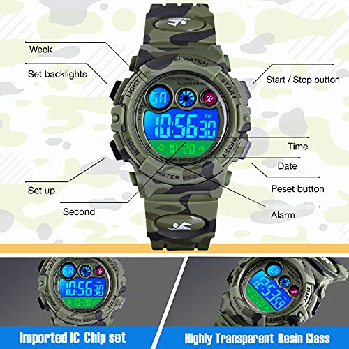 cofuo Kids Digital Sport Watch for Boys Girls, Kid Waterproof Electronic Multi Function Casual Outdoor Watches, 7 Colorful LED Luminous Alarm Stopwatch Camouflage Wristwatch - Image 2