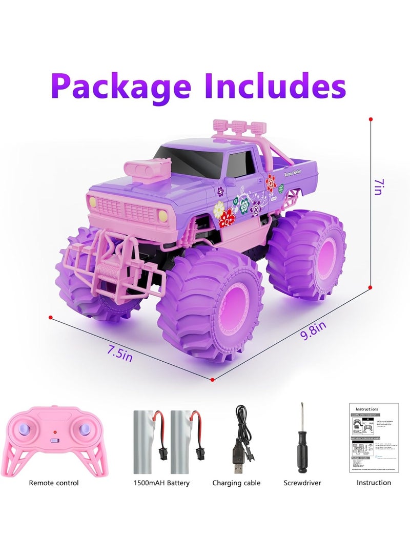 كيلا شاحنة وحش للتحكم عن بعد للبنات - سيارة تسلق على الطرق الوعرة بعجلات كبيرة بمقياس 1:16، سيارات تحكم عن بعد 2.4 جيجا هرتز رباعية الدفع لجميع التضاريس مع بطاريتين قابلتين لإعادة الشحن، هدية لعبة للأولاد والبنات (أرجواني) - Image 2