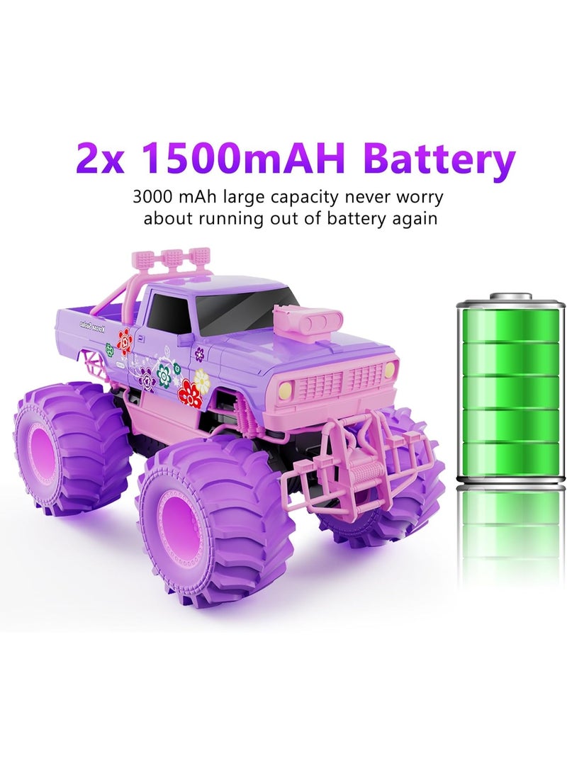 كيلا شاحنة وحش للتحكم عن بعد للبنات - سيارة تسلق على الطرق الوعرة بعجلات كبيرة بمقياس 1:16، سيارات تحكم عن بعد 2.4 جيجا هرتز رباعية الدفع لجميع التضاريس مع بطاريتين قابلتين لإعادة الشحن، هدية لعبة للأولاد والبنات (أرجواني) - Image 4