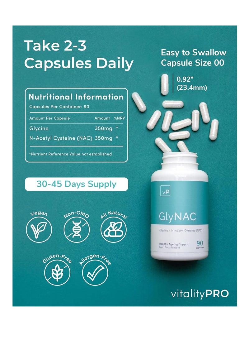 Vitality Pro GlyNAC, Glycine & NAC Supplement, 90 Capsules - 350mg N Acetyl Cysteine & 350mg Glycine Supplement for Metabolism & Immune Support - Vegan Dietary Supplements for Men & Women by Vitality PRO - Image 2