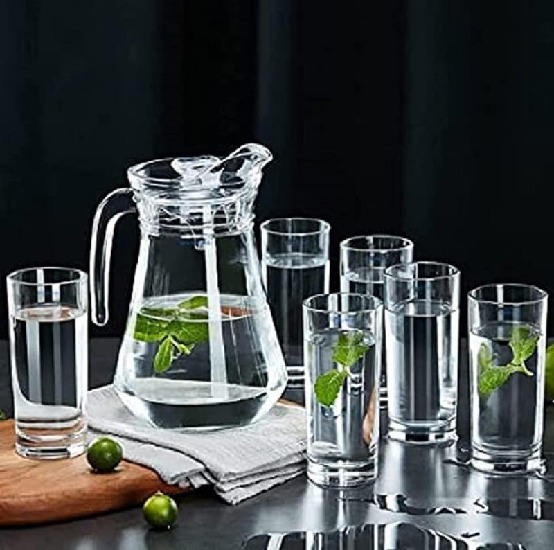 Vilon Italian Premium Jug Set of 1 with Stylish Glasses for Serving Water, Juice, Cold Drinks, and Other Drinking Bavrage, 6 Water Glass 280 Ml, Jug 1100 Ml, Color- Transparent, Clear - Image 1