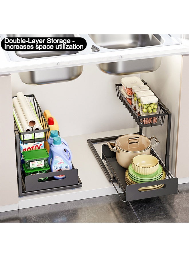2 PCS Multi-Functional Pull-Out Double-Layer Storage Rack, Under Sink Storage Shelves, Cabinet Countertop Kitchenware and Spice Rack, Multi-Level Organizer Stand, Storage Shelves Unit for Living Room, Bedroom, Bathroom and Kitchen - Image 5