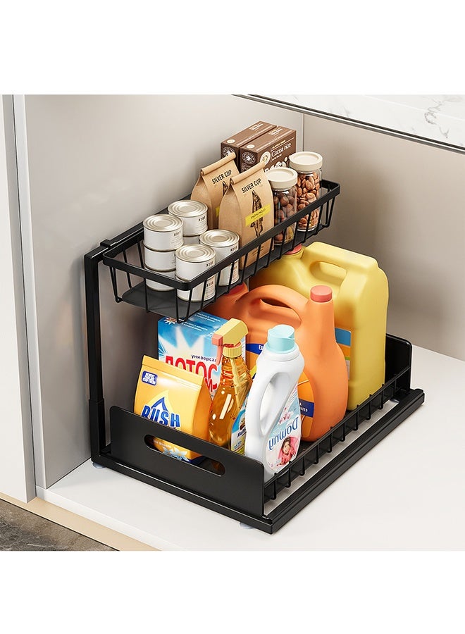 2 PCS Multi-Functional Pull-Out Double-Layer Storage Rack, Under Sink Storage Shelves, Cabinet Countertop Kitchenware and Spice Rack, Multi-Level Organizer Stand, Storage Shelves Unit for Living Room, Bedroom, Bathroom and Kitchen - Image 2