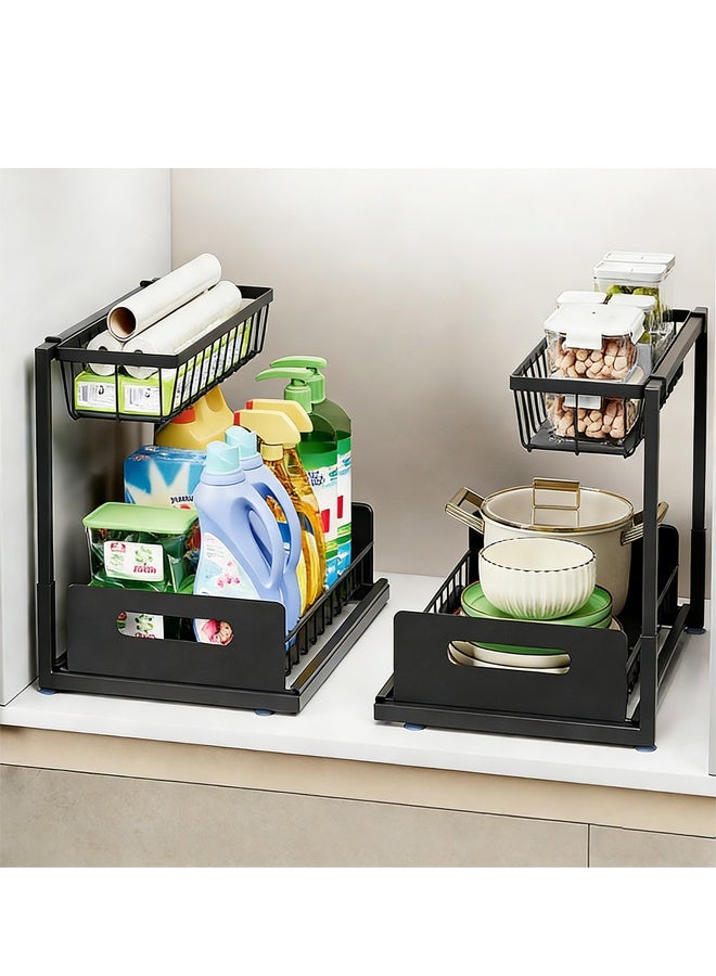 2 PCS Multi-Functional Pull-Out Double-Layer Storage Rack, Under Sink Storage Shelves, Cabinet Countertop Kitchenware and Spice Rack, Multi-Level Organizer Stand, Storage Shelves Unit for Living Room, Bedroom, Bathroom and Kitchen - Image 1