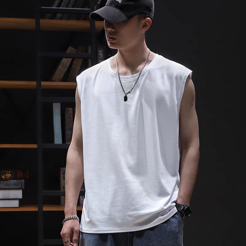 2025 New Ice Silk Vessel T-shirt Mens Summer Loose Sports Fitness Quick-drying Sleeveless Slim Shoulder Thin T-shirt Pure white [single pole butterfly mesh vest]