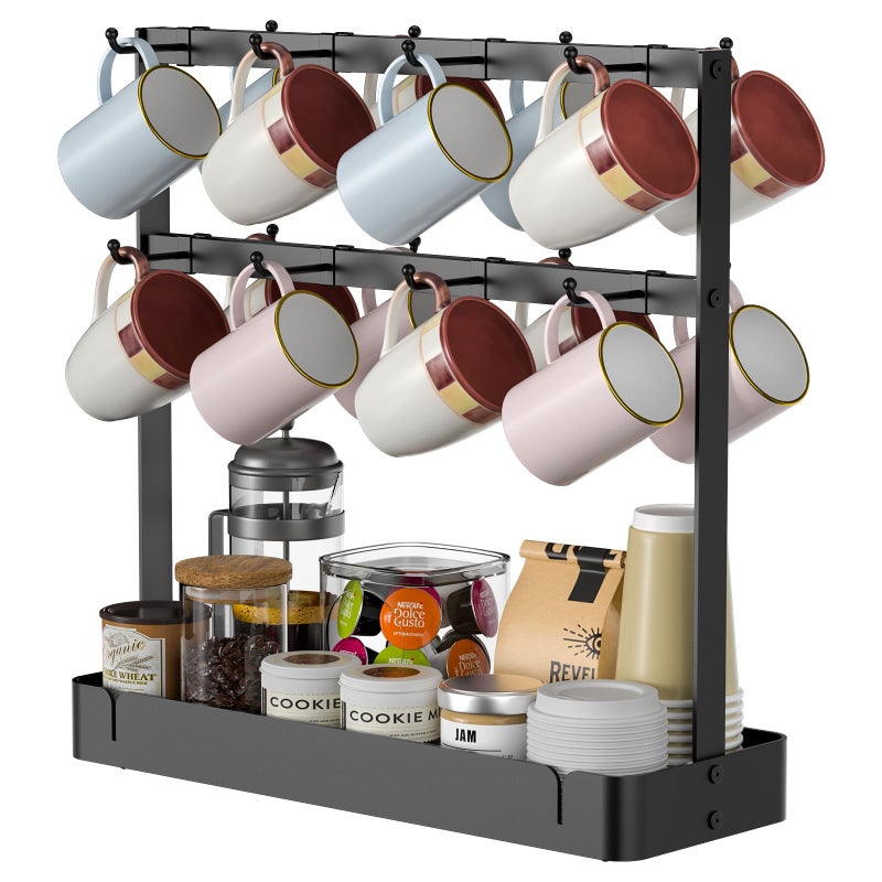 RCHYFEED Countertop Coffee Cup Holder, Aluminum Alloy Mug Holder Organizer with 16 Movable Hooks, 2 Tier Mug Tree Stand Rack with Storage Basket for K Cup Coffee Bar Kitchen - Image 1