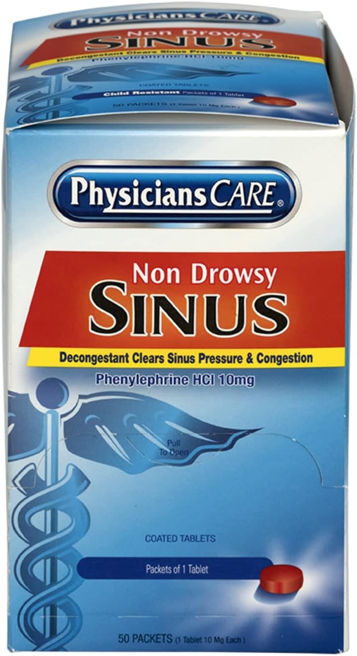 PhysiciansCare Sinus Decongestant Congestion Medication, 2 Tablets Per Packet, Box Of 50